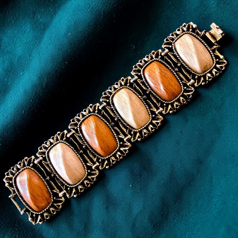 Vintage 1960s Selro Attributed Faux Wood Panel Bracelet